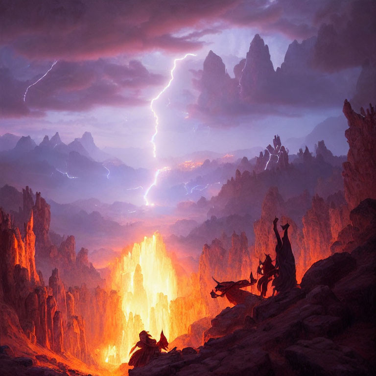 Fantastical landscape with towering rock formations and fiery chasm
