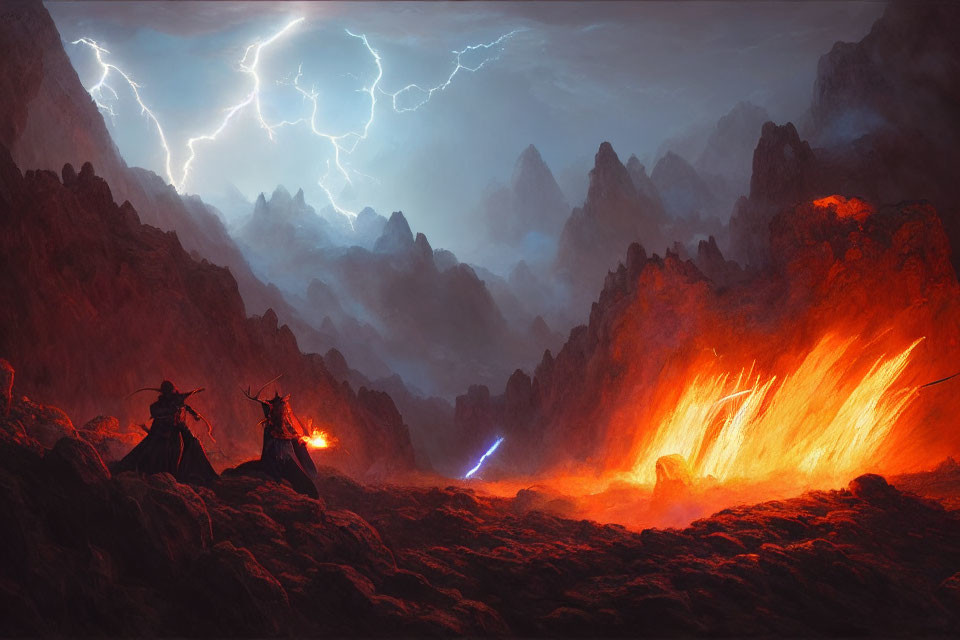 Silhouetted figures in volcanic landscape with lightning and lava