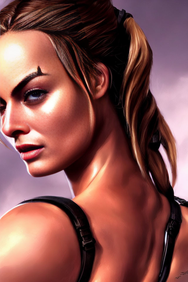 Female character with braid and glowing skin, small scar above eyebrow