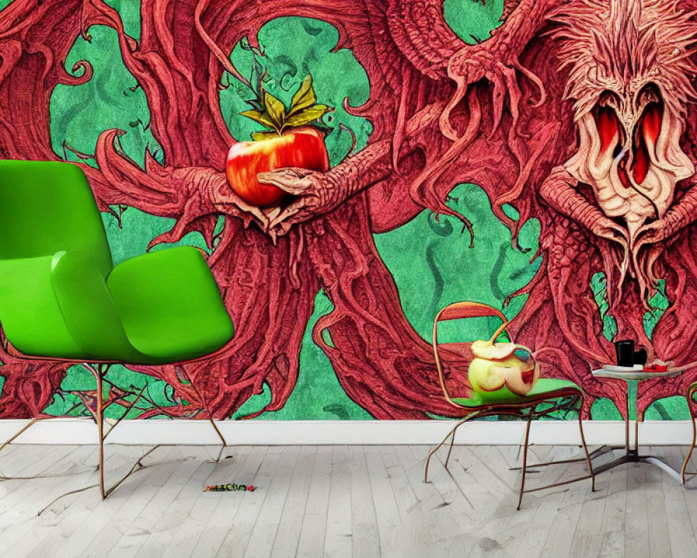 Colorful room with red tree mural, green chairs, white floor & apple sculpture
