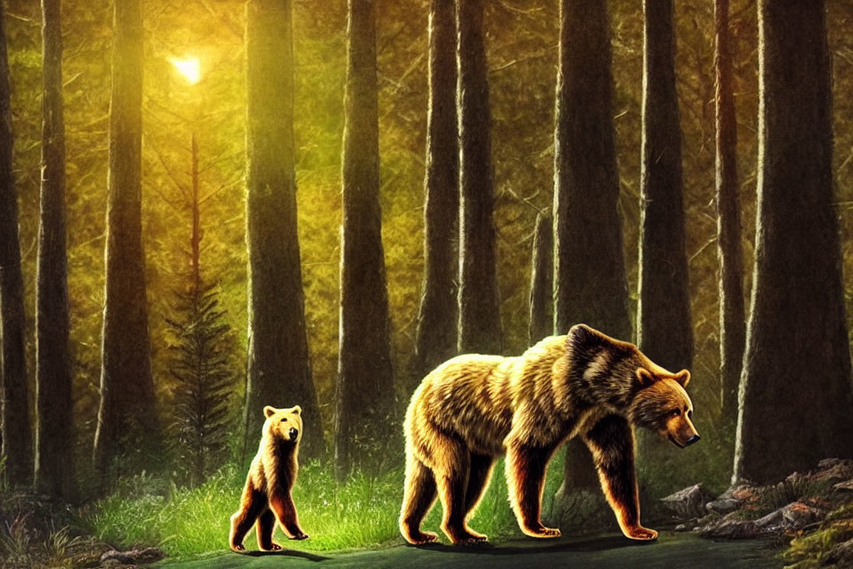 Adult bear and cub walking in sunlit forest with tall trees