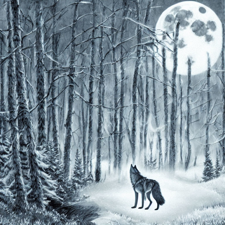 Wolf in Snowy Forest Clearing Under Full Moon