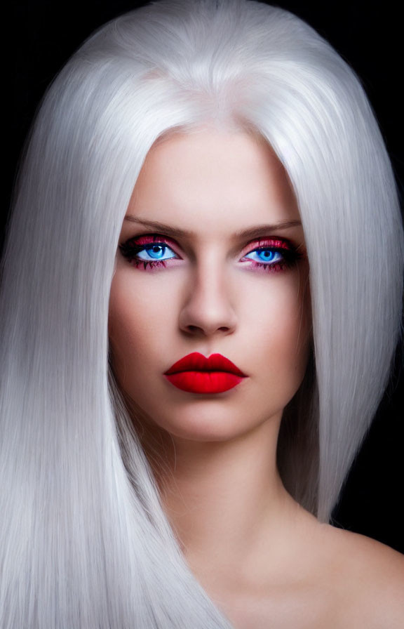 Portrait of Woman with Striking Blue Eyes and White Hair