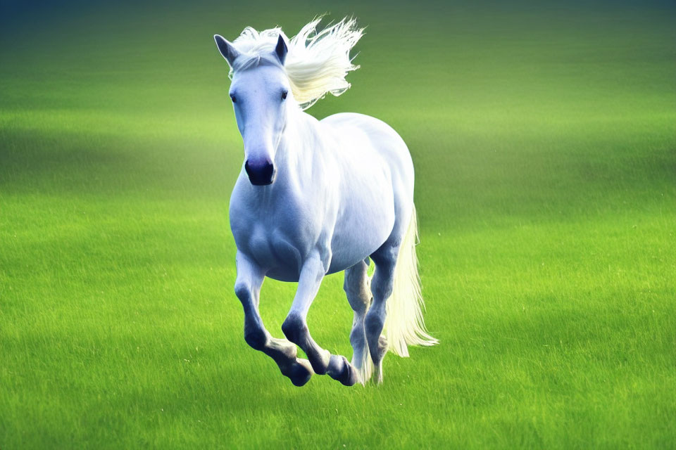 Majestic white horse galloping in lush green field