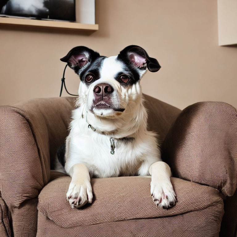 Black and White Dog Sitting on Brown Armchair