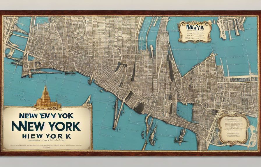 Vintage-Style Map of New York City with Labeled Streets on Blue Background