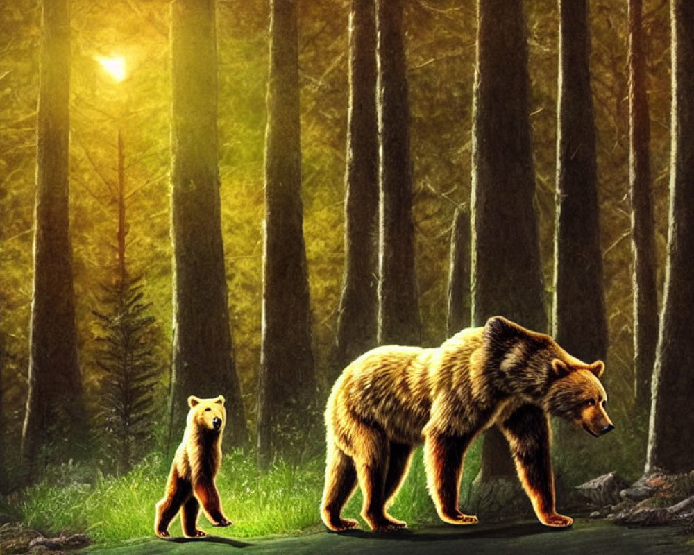Adult bear and cub walking in sunlit forest with tall trees