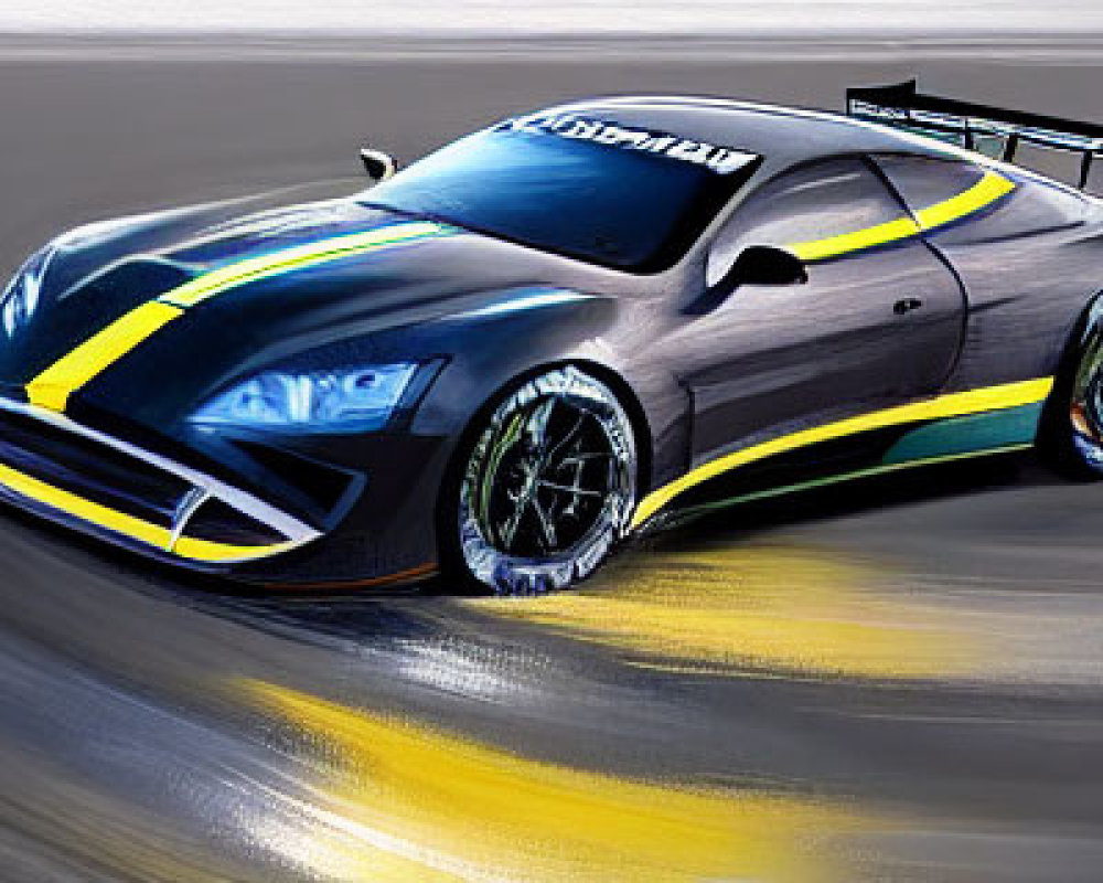 Stylized drawing of a dynamic race car with black and yellow livery