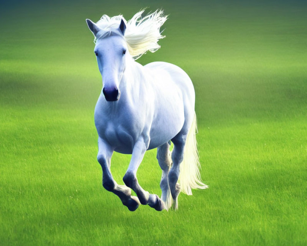 Majestic white horse galloping in lush green field