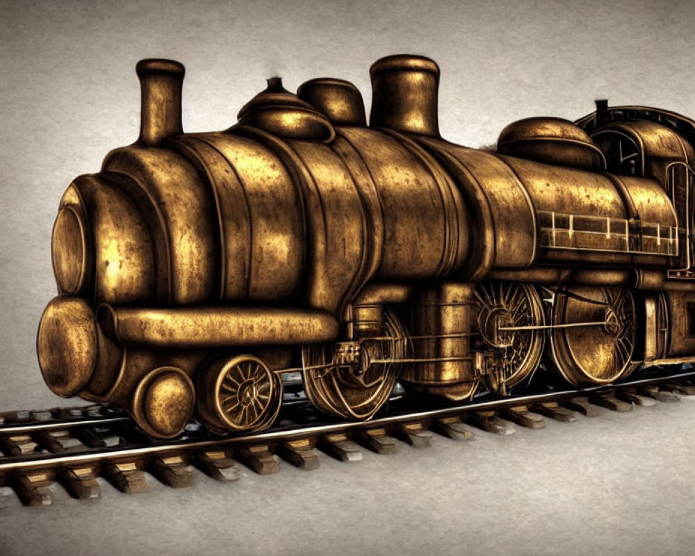 Vintage Steam Locomotive Illustration with Elaborate Brass Design on Sepia Background