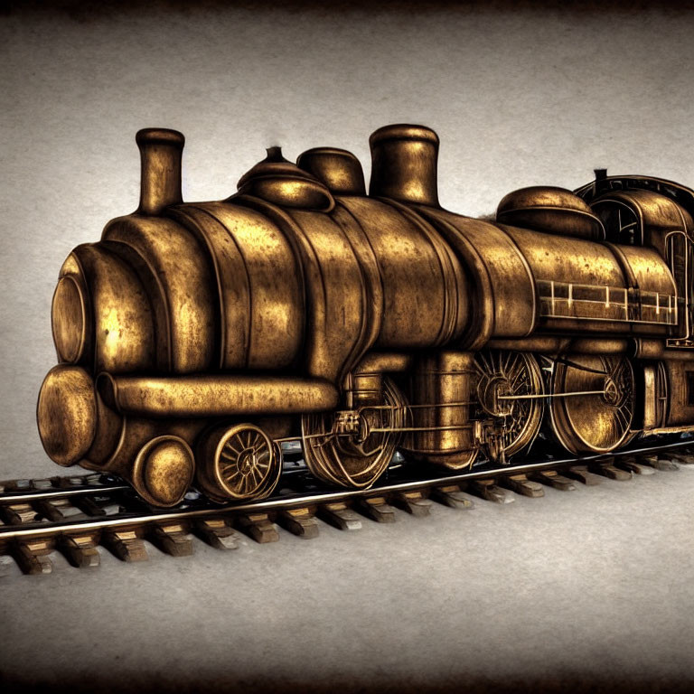 Vintage Steam Locomotive Illustration with Elaborate Brass Design on Sepia Background