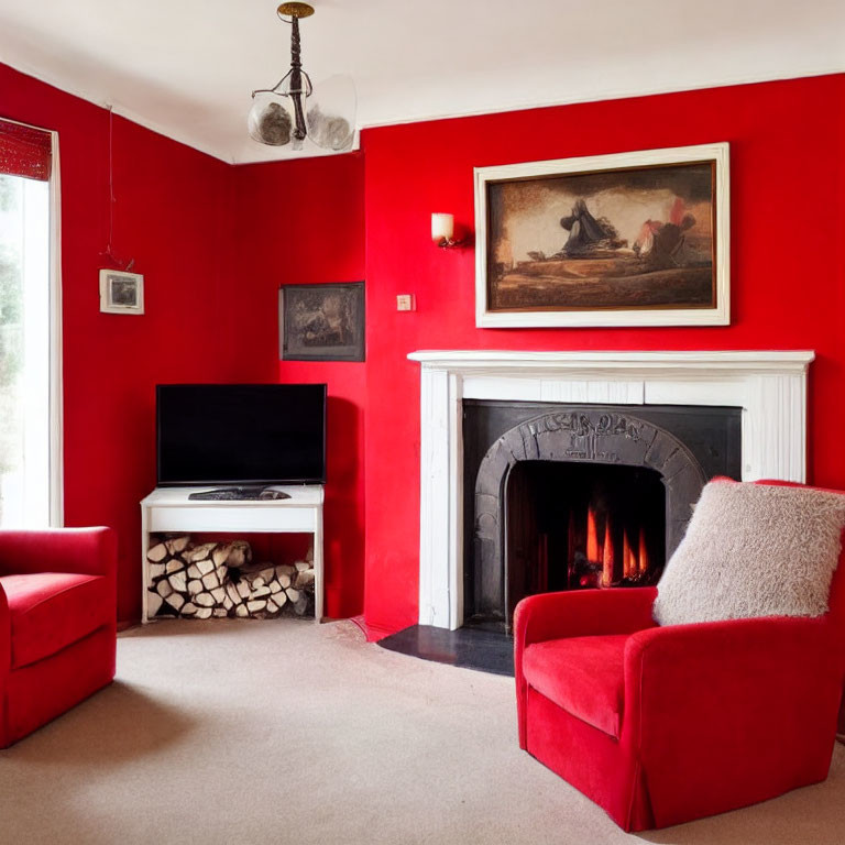 Vibrant red living room with fireplace, armchairs, TV, and painting