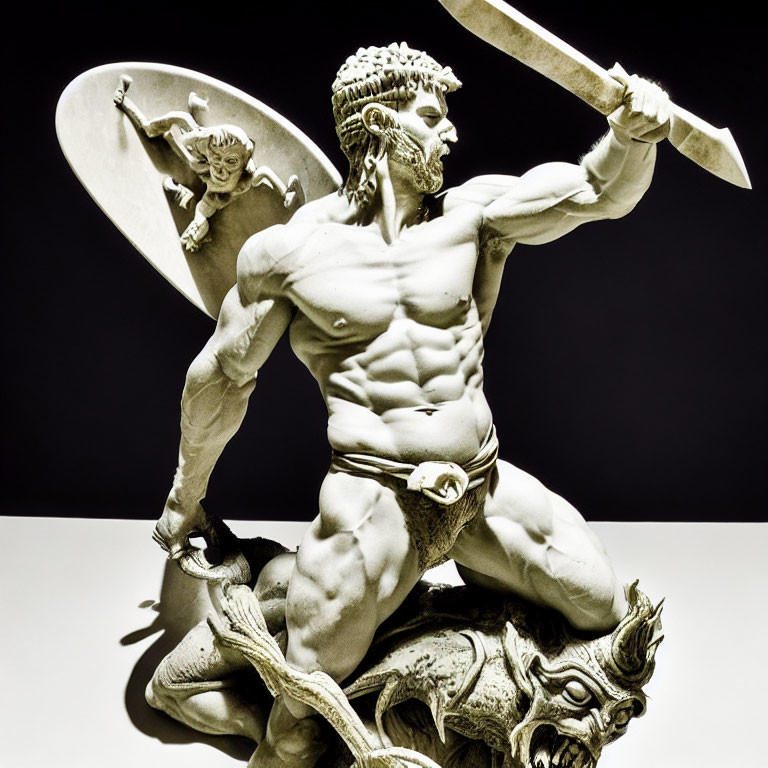Monochrome sculpture photo: muscular male figure with sword and winged creatures