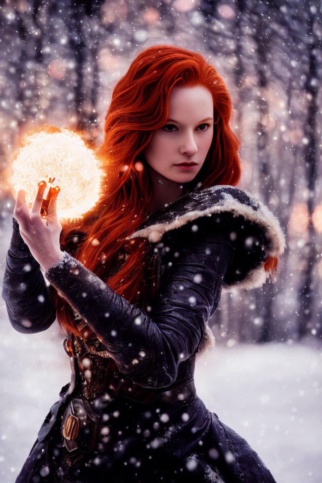 Fiery Red-Haired Woman with Orb in Snowy Forest