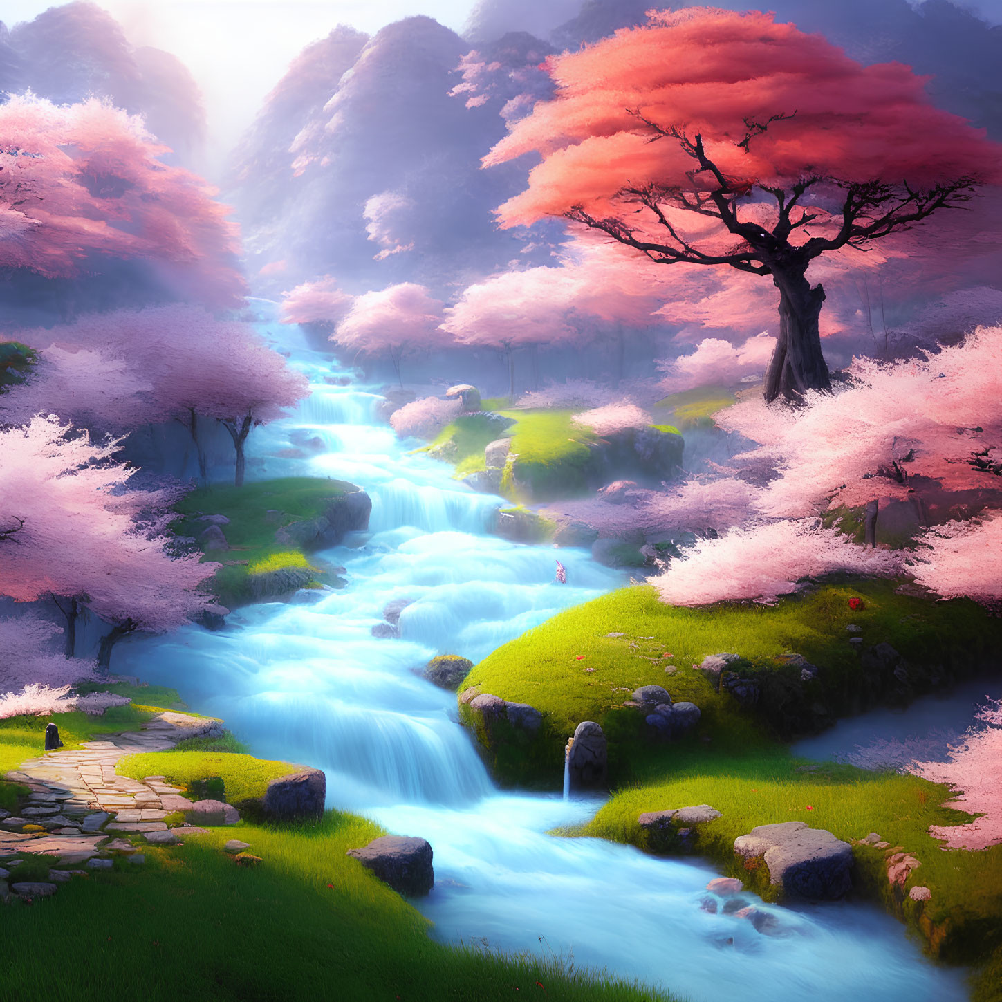 Tranquil blue stream with cherry blossoms and stone path