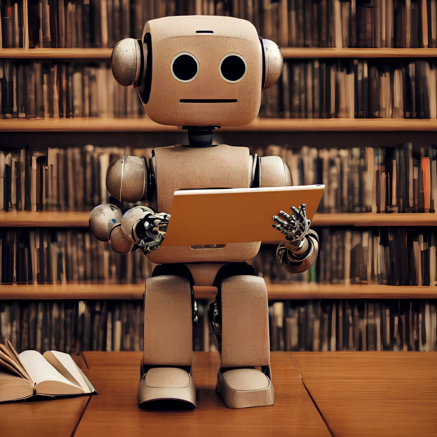 Humanoid robot holding tablet in front of bookshelf full of books
