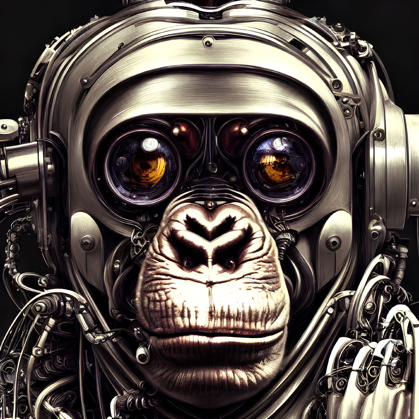 Detailed Illustration of Robotic Monkey with Metallic Headgear & Orange Eyes