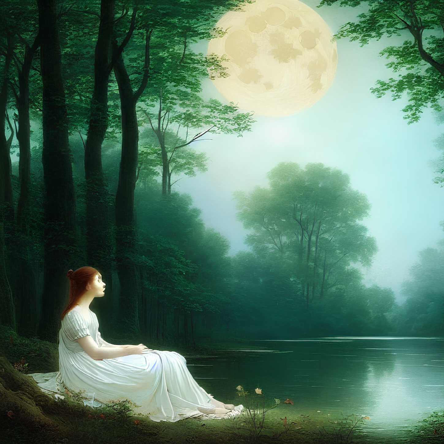 Woman in White Dress Contemplating by Misty Forest Lake