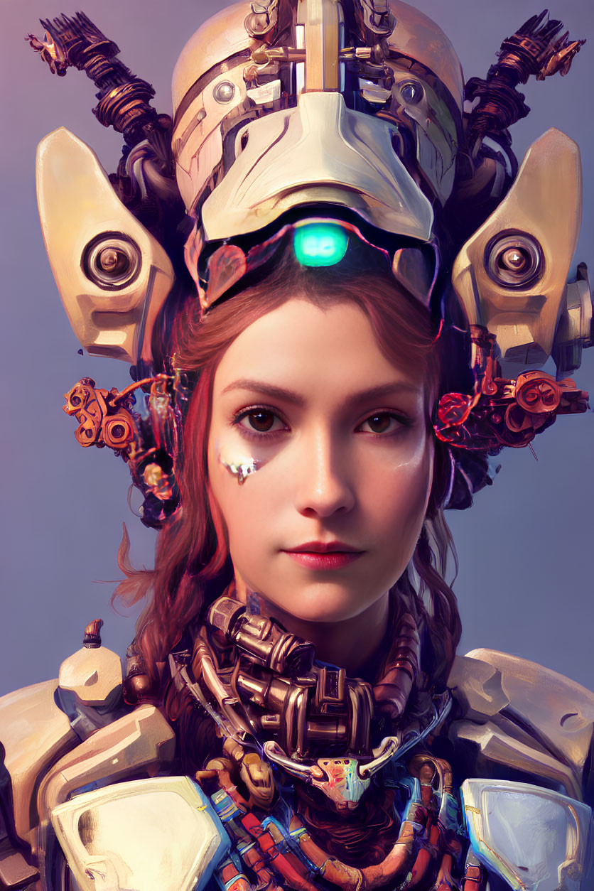 Futuristic digital artwork of woman with robotic headgear and blue eyes