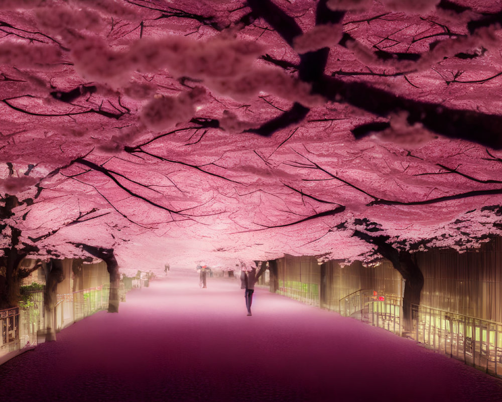 Pink Cherry Blossom Canopy Illuminated Walkway with Strolling People