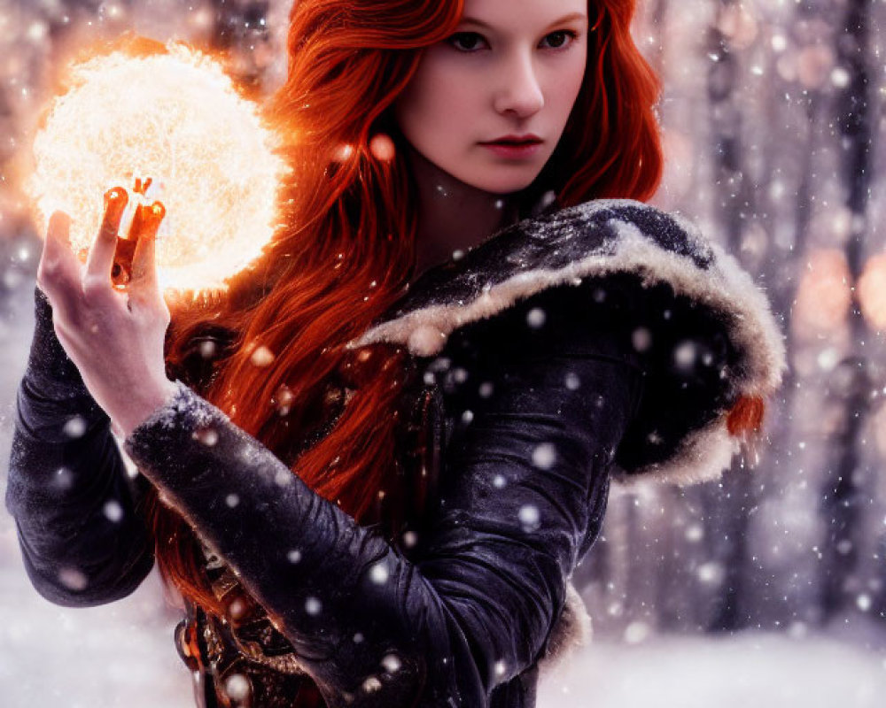 Fiery Red-Haired Woman with Orb in Snowy Forest