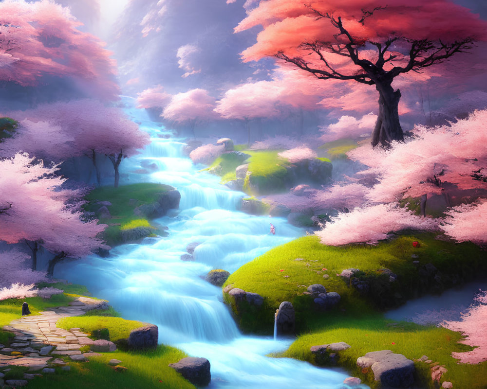 Tranquil blue stream with cherry blossoms and stone path