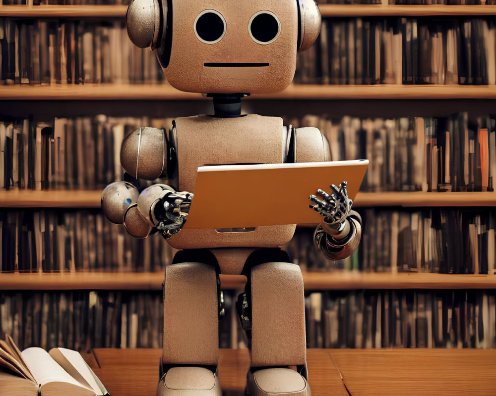 Humanoid robot holding tablet in front of bookshelf full of books
