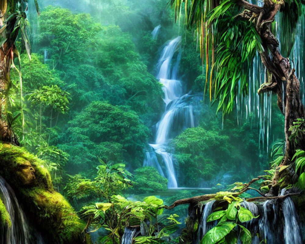 Lush Green Tropical Forest with Cascading Waterfall