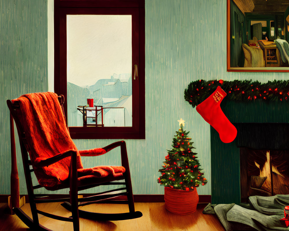 Christmas-themed room with rocking chair, tree, fireplace, snowy window