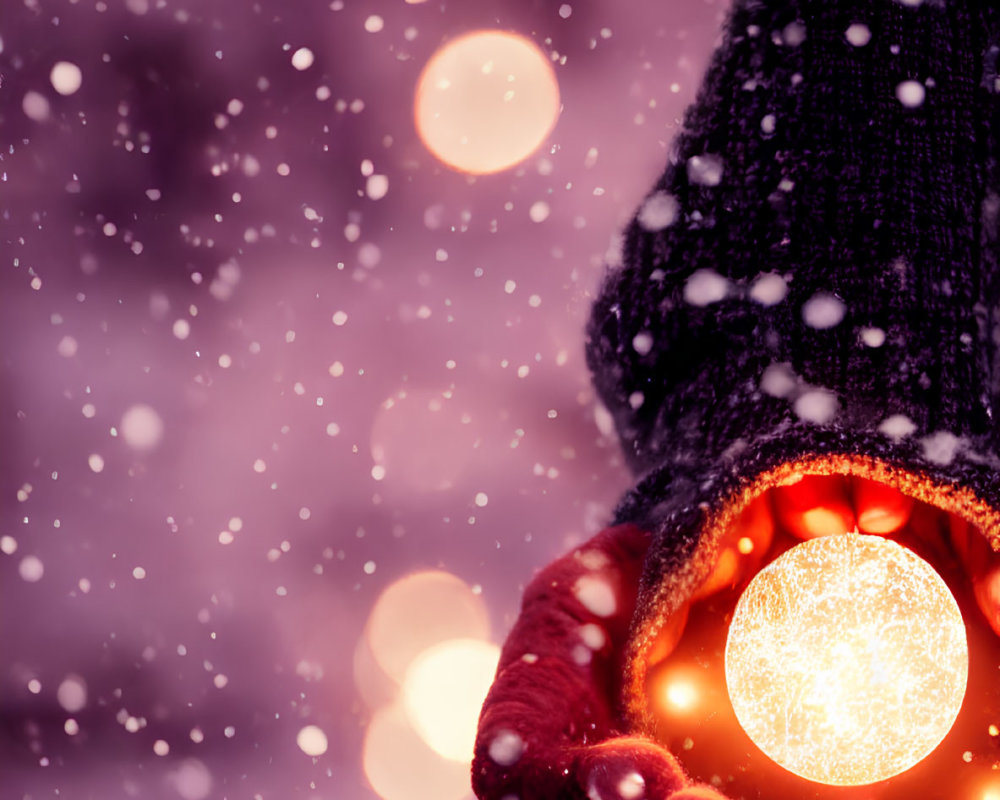 Person holding glowing orb in snowy backdrop with bokeh light circles