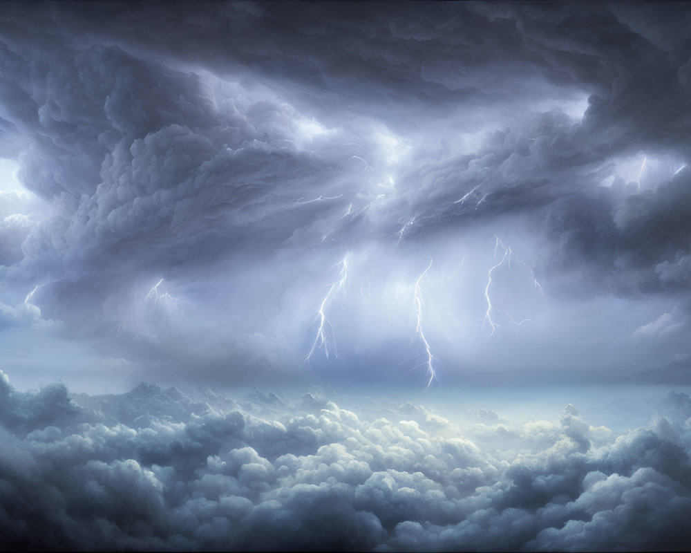 Dramatic thunderstorm with multiple lightning strikes in vast sky
