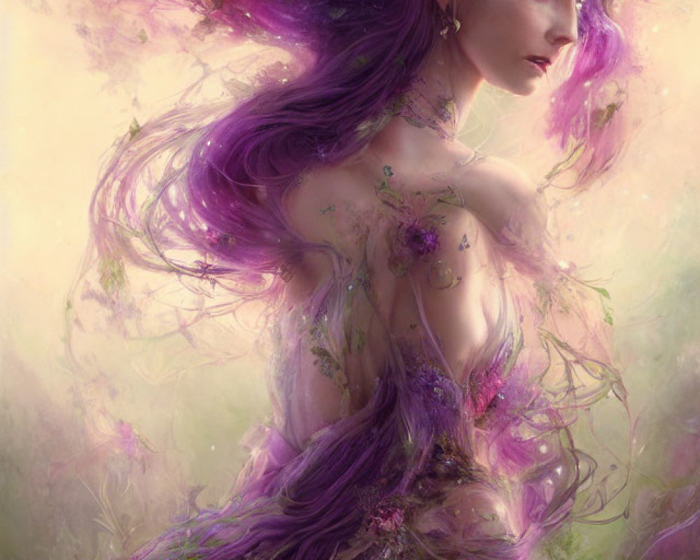 Mystical woman with purple hair in dreamlike setting
