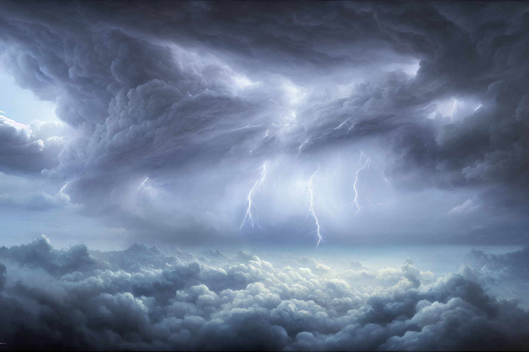 Dramatic thunderstorm with multiple lightning strikes in vast sky