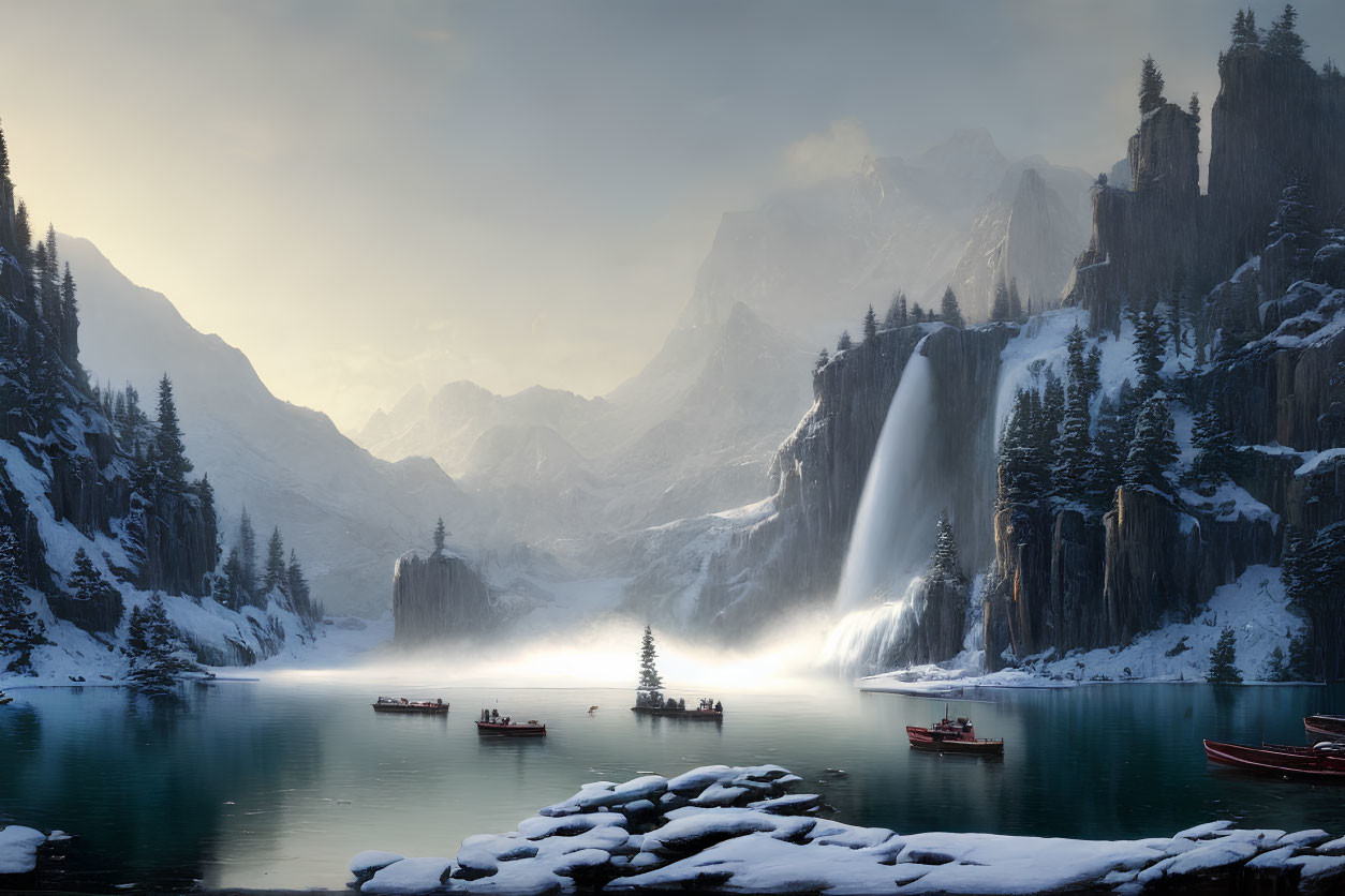 Tranquil winter landscape with lake, boats, snow, tree, waterfalls, and mountains