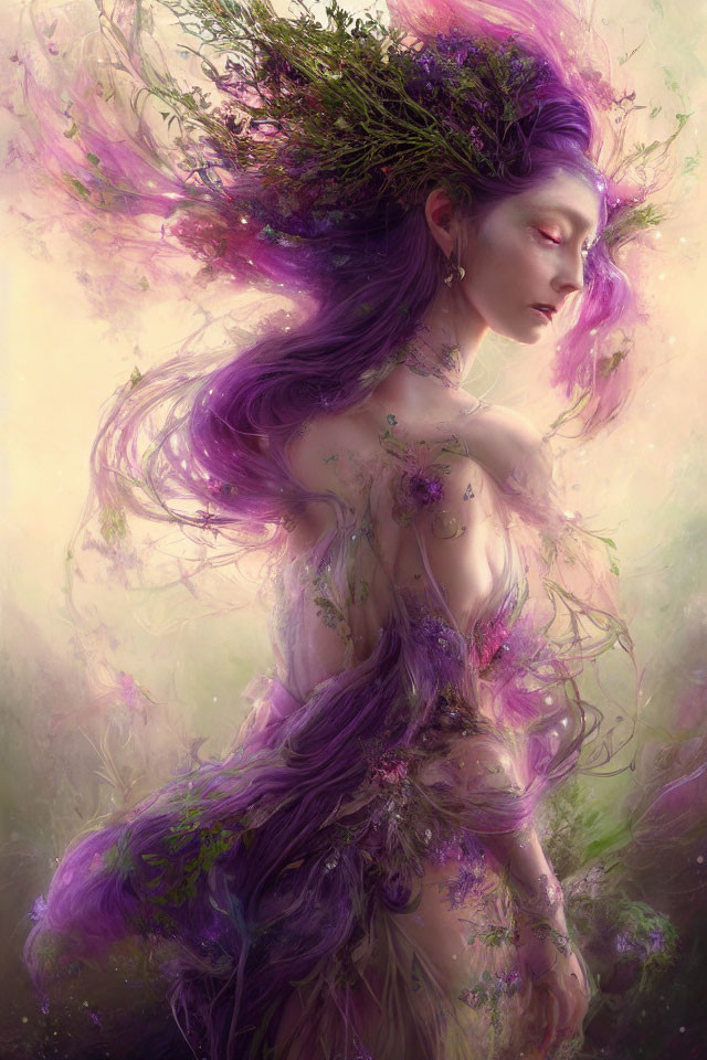 Mystical woman with purple hair in dreamlike setting
