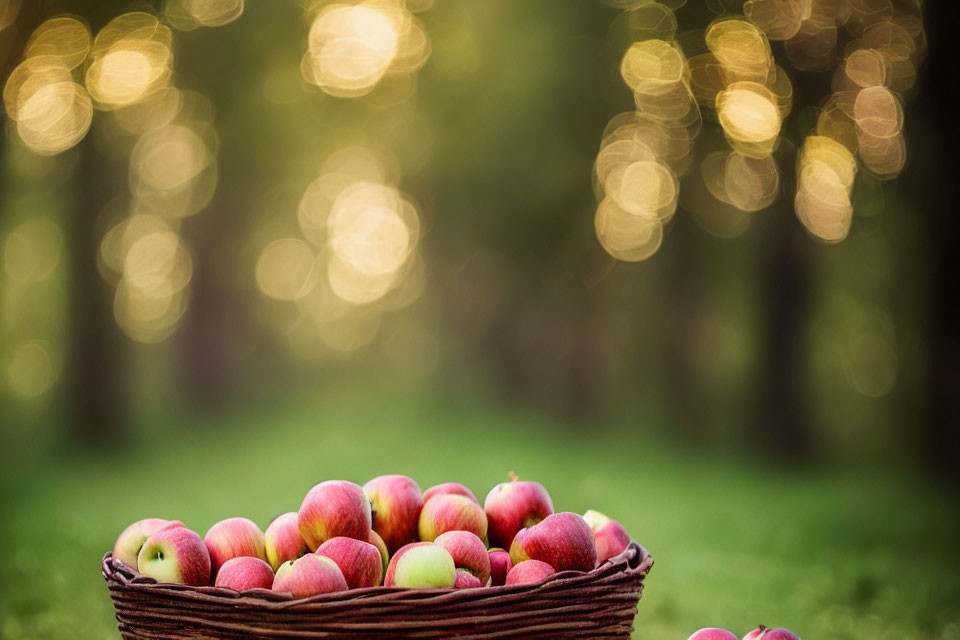 Basket of Red Apples in Green Environment with Soft Bokeh Light