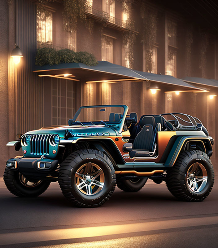 Customized Jeep Wrangler with Open Top, Glossy Black Finish, Orange & Blue Stripes,