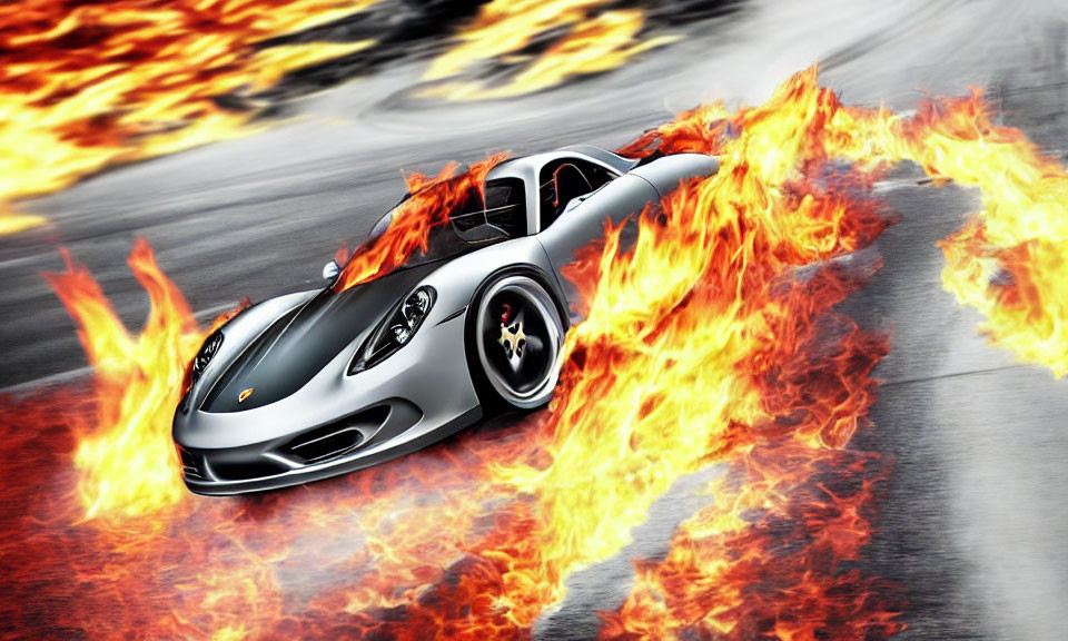 Silver sports car with flame designs speeding on racetrack