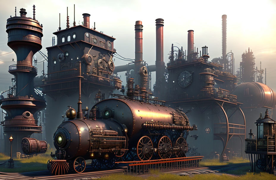 Steampunk Setting with Vintage Train and Industrial Machinery