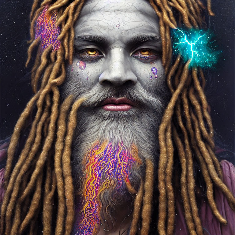 Person with Dreadlocks and Glowing Skin Patterns in Electric Blue Light