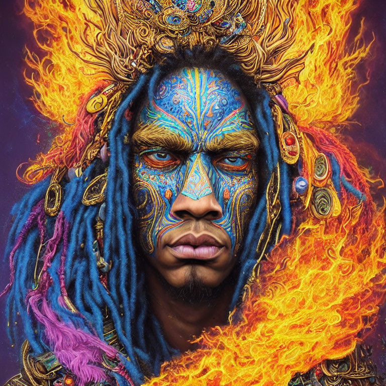 Vibrant blue and orange tribal face paint with dreadlocks and headdress in flames