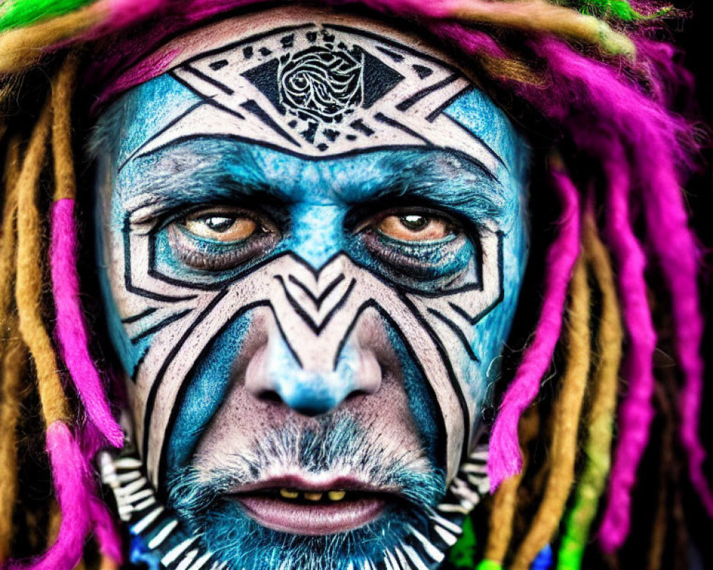 Individual with blue and white tribal face paint, multicolored dreadlocks, and intense gaze