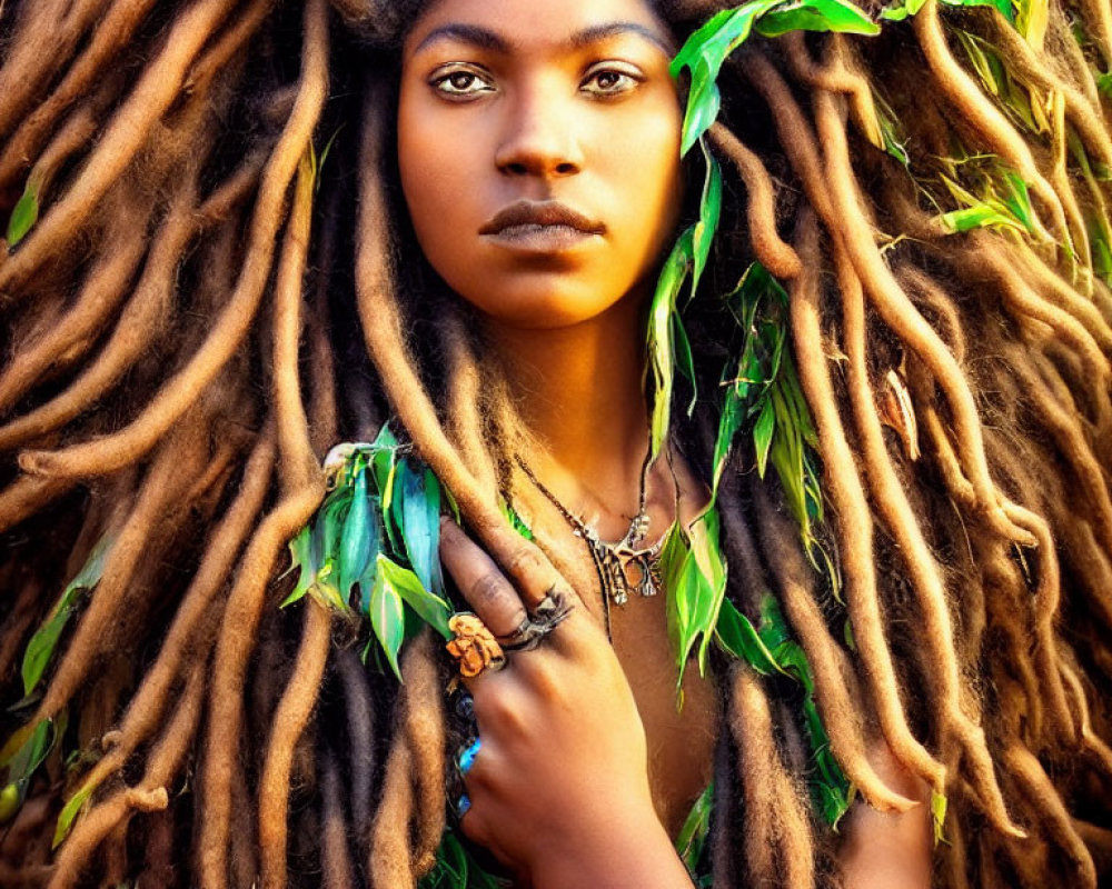 Woman with Long Dreadlocked Hair and Earthy Jewelry Gazing Intently