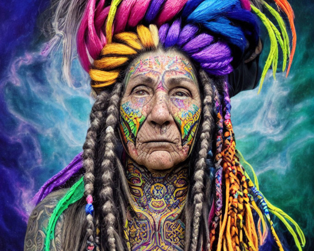 Elderly Person with Intricate Face Paint and Colorful Head Wrap on Vibrant Background