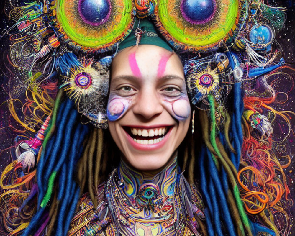 Colorful Psychedelic Costume with Large Eyes and Swirling Patterns