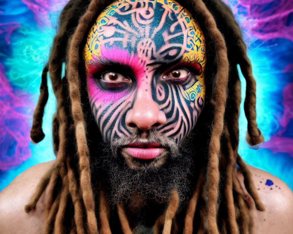 Intricate blue and yellow face paint on person with dreadlocks