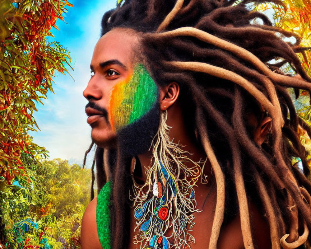 Person with dreadlocks in vibrant face paint against forest backdrop