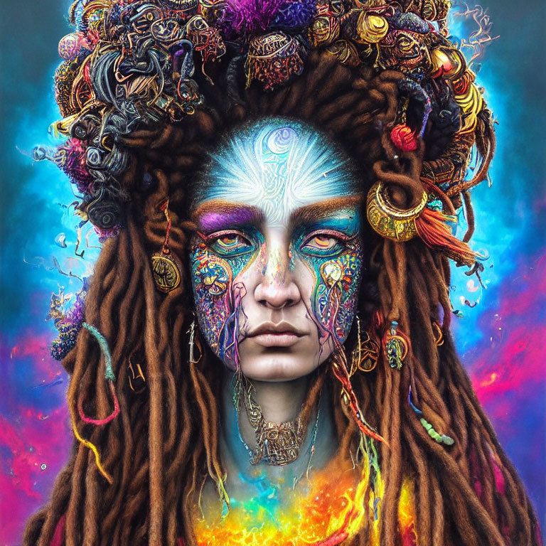 Colorful tribal makeup portrait with ornate jewelry and dreadlocks against cosmic backdrop