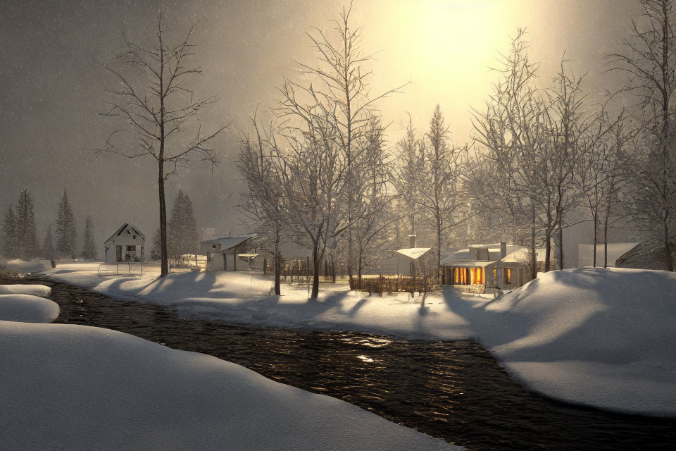 Snow-covered Winter Landscape with River and Houses in Soft Sunlight