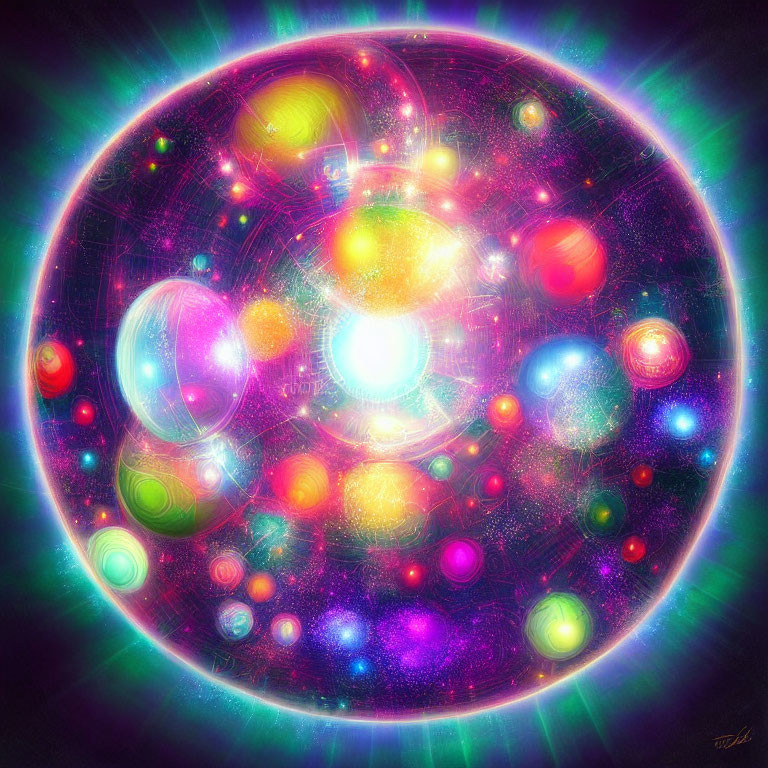 Colorful cosmic sphere with swirling galaxies and multicolored orbs